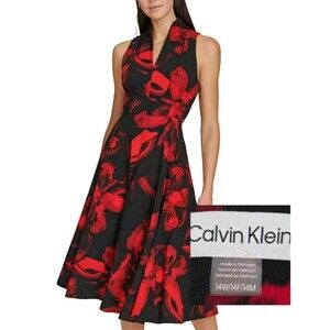 Calvin Klein Plus Size 14W A-Line Midi Dress V-Neck Sleeveless Scuba Red Black